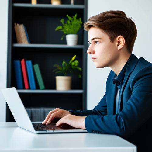 Home 11 A pensive young adult, fully clothed in modest, contemporary professional attire, sits at a modern desk, gently looking away from a glowing laptop screen. The room is a clean, well-lit study space with a bookshelf and a plant in the background, subtly indicating a balance between digital and traditional learning. The subject has perfect anatomy, correct proportions, a natural pose, well-formed hands, proper finger count, and natural body proportions, conveying introspection and quiet contemplation on the impact of digital life. Professional photography, high quality, safe for work, appropriate content, fully clothed, modest clothing.