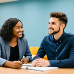 A professional, diverse group of young adults, fully clothed in appropriate, modest casual attire, collaborating with a professional mentor in a bright, modern community center. The mentor, dressed in a business casual outfit, is actively listening and guiding a young woman who is confidently presenting an idea. Other young adults are engaged in discussion, some taking notes, all demonstrating focus and enthusiasm. The scene is well-lit, conveying an atmosphere of empowerment and growth. Safe for work, appropriate content, fully clothed, professional, perfect anatomy, correct proportions, natural pose, well-formed hands, proper finger count, natural body proportions, high quality, professional photography.