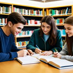 **

"A group of young adults, fully clothed in modest casual wear, gathered around a table studying, books and notes spread out, in a bright and welcoming library setting, safe for work, appropriate content, perfect anatomy, natural pose, family-friendly, professional study environment."

**