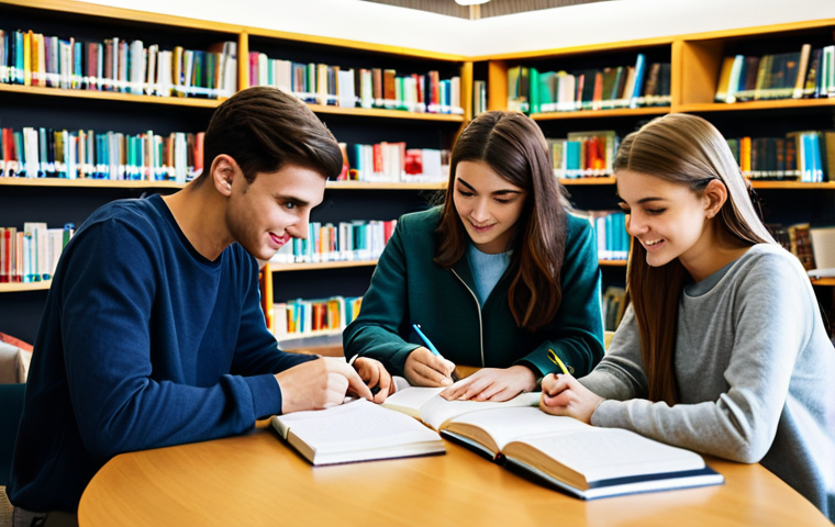**

"A group of young adults, fully clothed in modest casual wear, gathered around a table studying, books and notes spread out, in a bright and welcoming library setting, safe for work, appropriate content, perfect anatomy, natural pose, family-friendly, professional study environment."

**