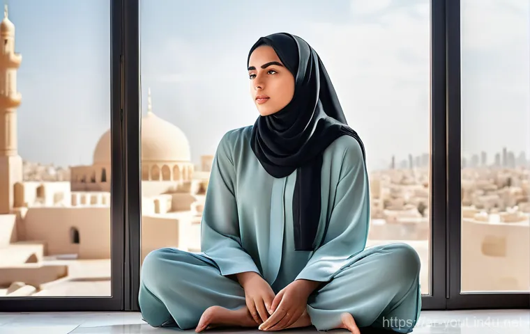 청소년지도사와 청소년 문제 해결 전략 개발 - Digital Reflection and Inner Peace**

**Prompt:** A young Arab woman, in her early 20s, sits thought...