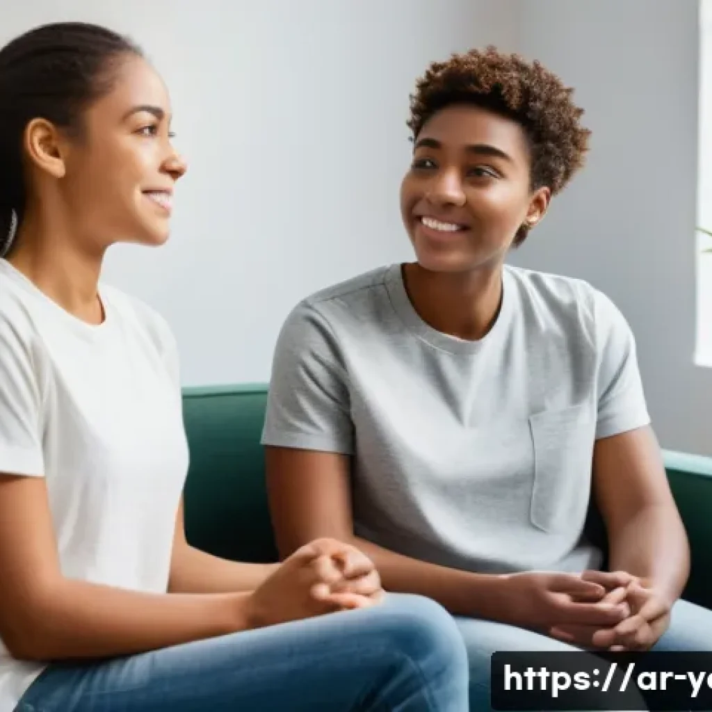 청소년지도사 윤리와 직업의식 - A warm, inviting scene featuring a female youth counselor, dressed in professional yet approachable ...