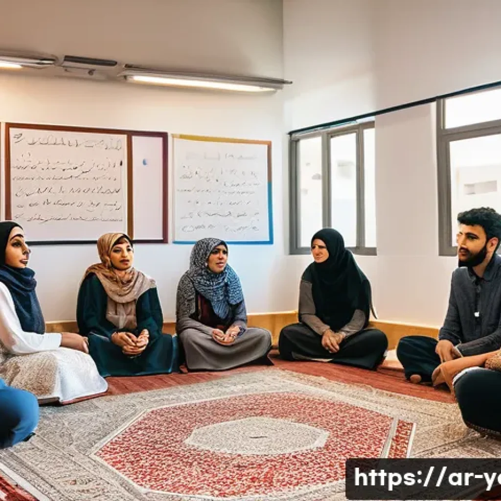 청소년지도사와 정책 입안 참여 사례 - A vibrant community youth workshop scene in a Middle Eastern urban setting, featuring diverse Arab y...