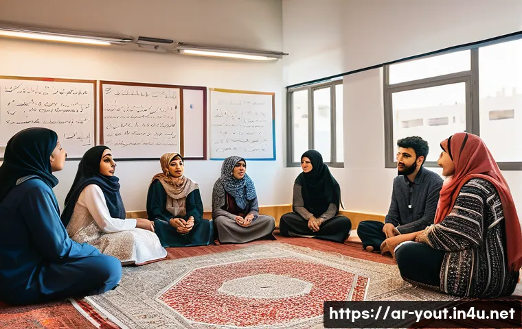 청소년지도사와 정책 입안 참여 사례 - A vibrant community youth workshop scene in a Middle Eastern urban setting, featuring diverse Arab y...