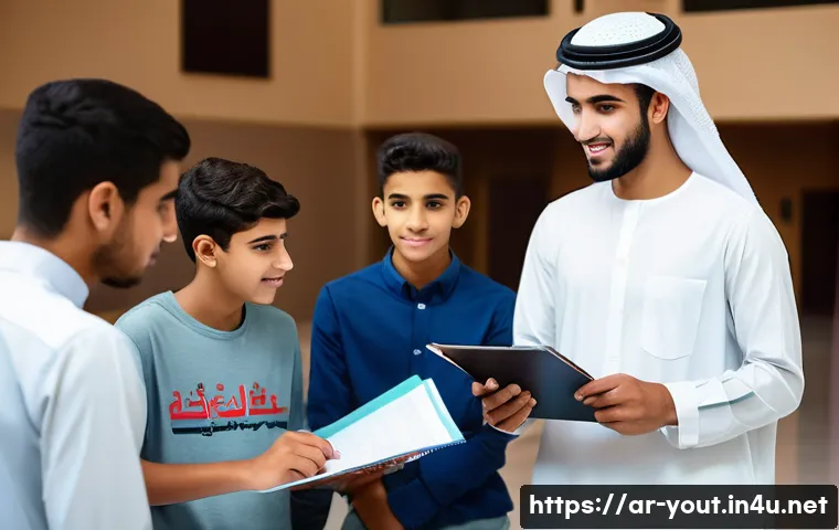 청소년지도사 연봉 평균 비교 - A professional young Arab male youth counselor wearing modest business casual attire, confidently le...