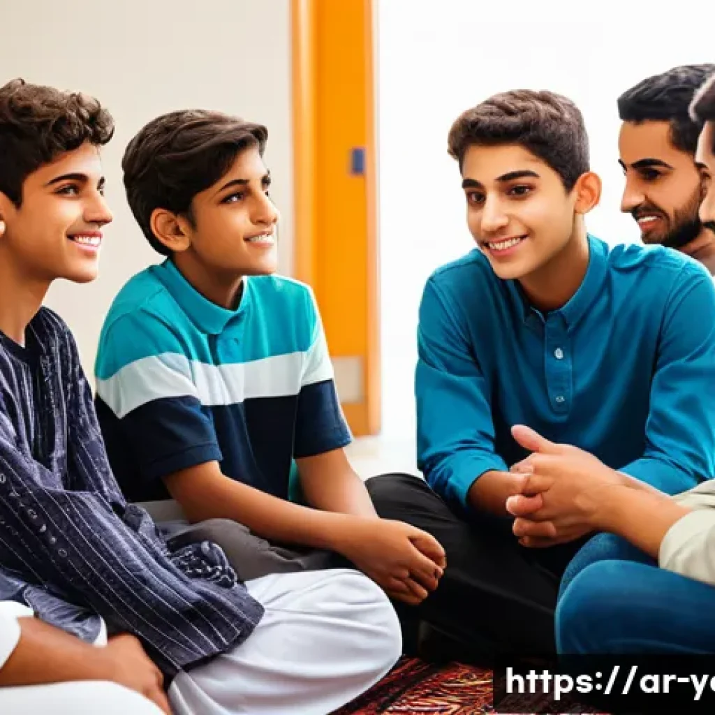 청소년지도사와 청소년 관계 회복 사례 - A warm, culturally rich scene set in a community center in an Arab neighborhood, showing a young Ara...