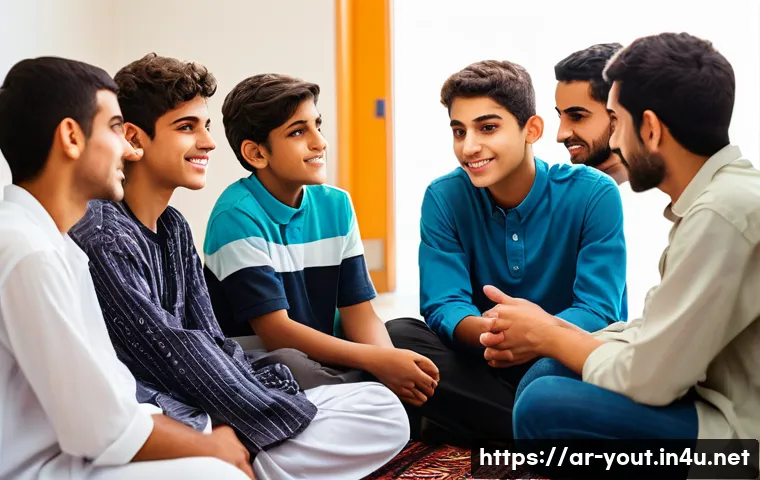 청소년지도사와 청소년 관계 회복 사례 - A warm, culturally rich scene set in a community center in an Arab neighborhood, showing a young Ara...