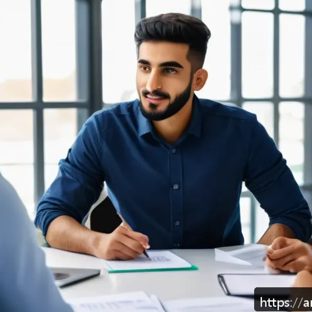 청소년지도사로서의 정기 자기평가 - A professional Arab youth mentor in a modern office setting, attentively listening to a diverse grou...