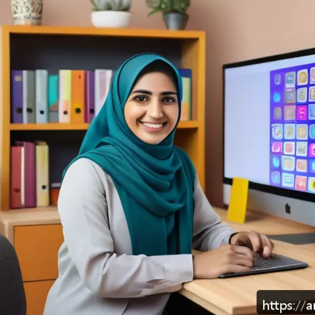 청소년지도사로서의 온라인 강의 경험 - A modern digital classroom scene showing an Arab female teacher in modest attire using a laptop and ...