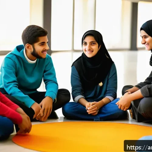 청소년지도사와 청소년 자치 활동 운영 - A vibrant community workshop scene in a Middle Eastern urban setting, featuring a diverse group of A...