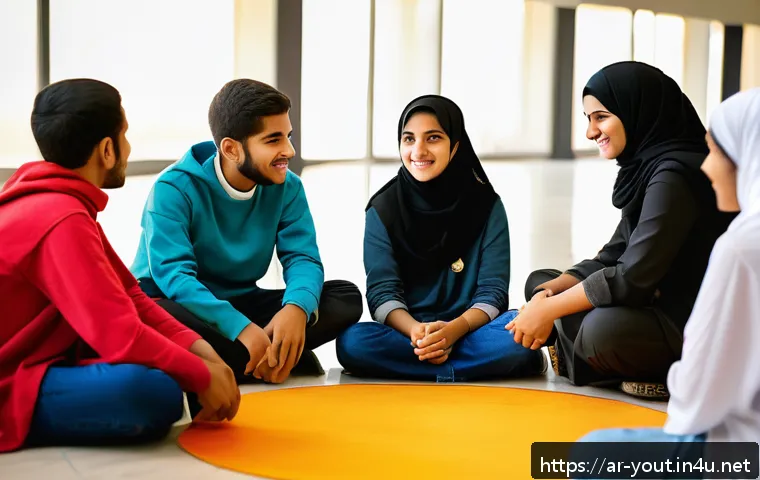 청소년지도사와 청소년 자치 활동 운영 - A vibrant community workshop scene in a Middle Eastern urban setting, featuring a diverse group of A...