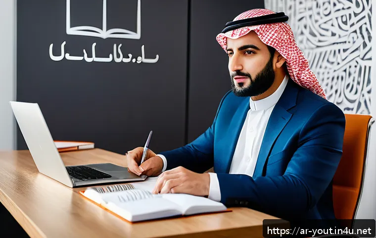 청소년지도사와 관련된 최신 서적 소개 - A professional Middle Eastern business leader in a modern office setting, deeply engaged in reading ...