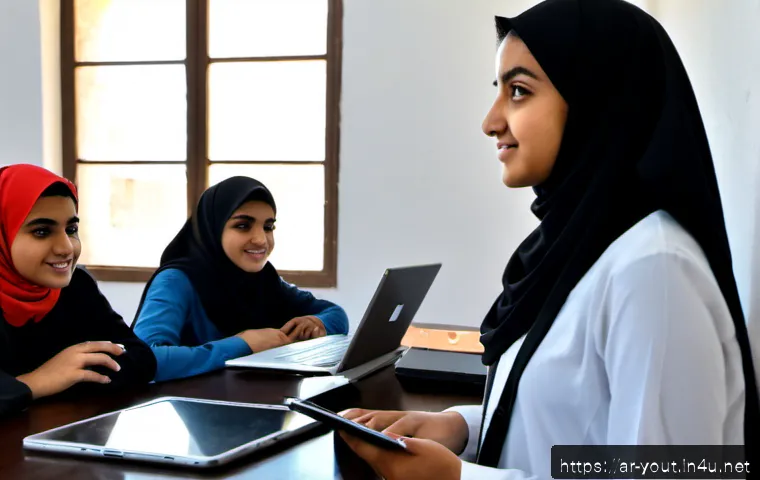 청소년지도사와 청소년 디지털 리터러시 - Photorealistic youth digital literacy workshop in a modern community center in an Arab city, a warml...