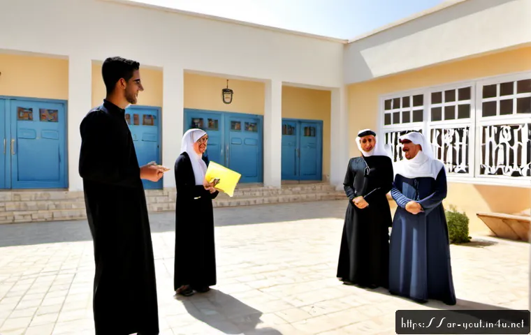청소년지도사와 청소년 문제 예방 캠페인 사례 - Photorealistic youth prevention campaign in a modern Arab community center courtyard, a warm approac...