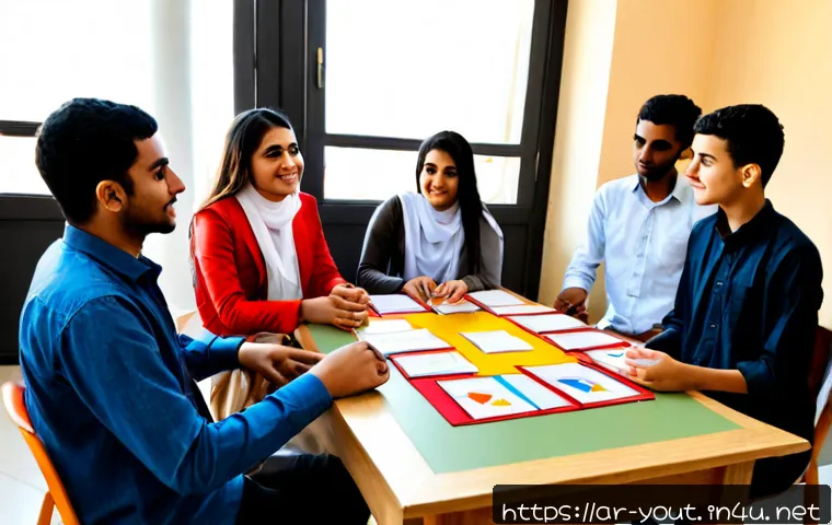 Home 31 청소년지도사와 국제 청소년 교류 사례 - Photorealistic international youth exchange workshop in a bright modern community center in an Arab ...