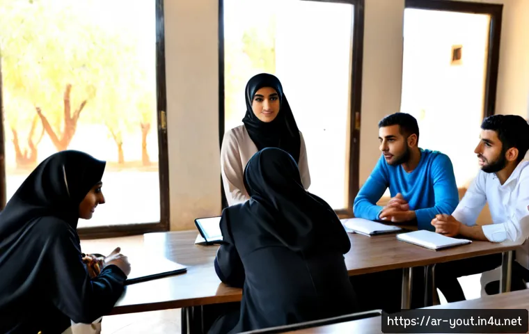 청소년지도사 교육과정 최신 업데이트 - Photorealistic modern youth counselor training workshop in an Arab community education center, diver...